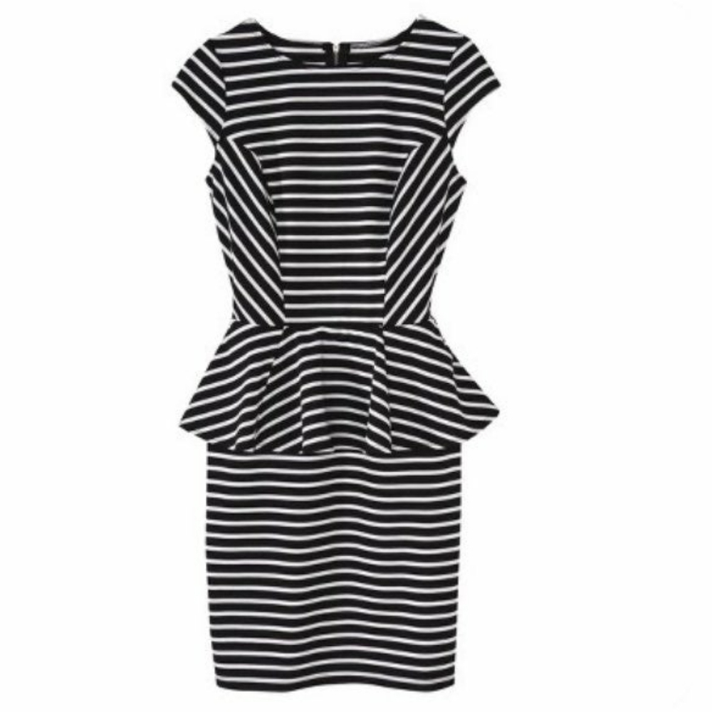Mossimo XS Peplum Black & Gray Striped Midi Dress